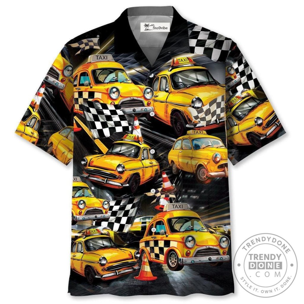 Yellow Taxi Cab Drag Racing Checkered Flag Hawaiian Shirt