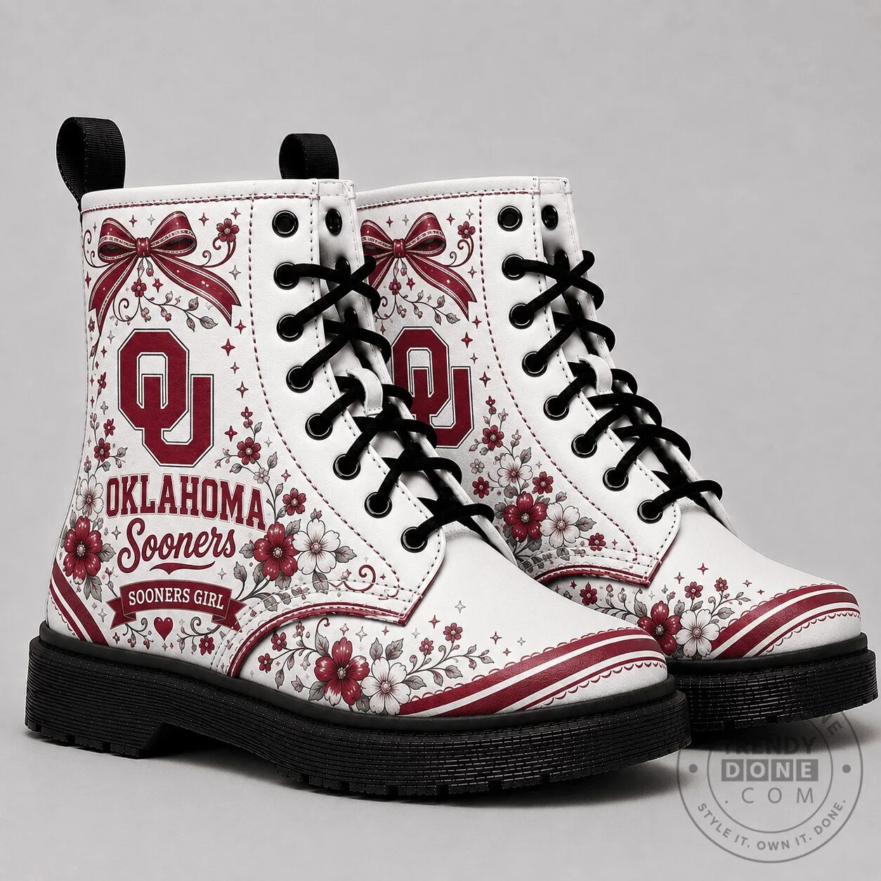 Oklahoma Sooners Floral Pattern Combat Boots for Women