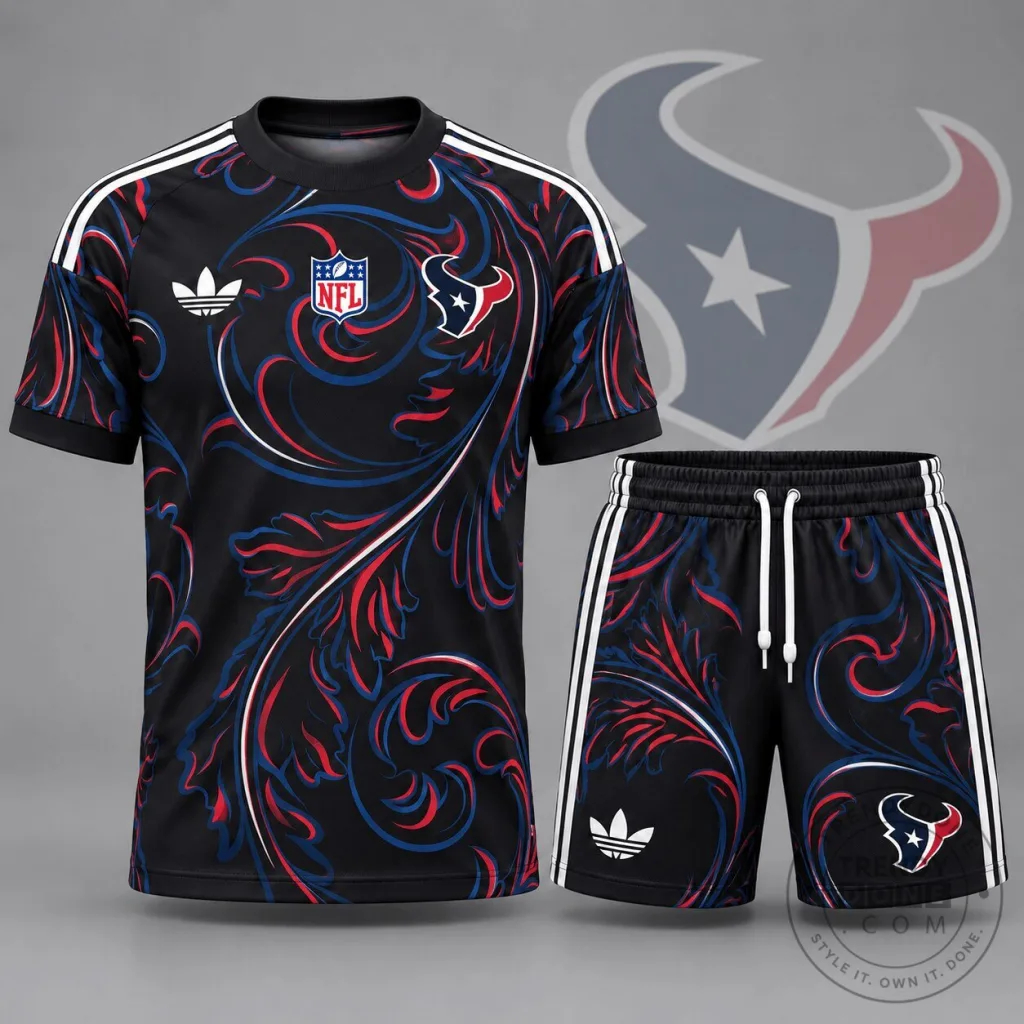 Houston Texans NFL Heritage Swirl All Over Print Football Jersey and Shorts Set Houston Texans NFL Heritage Swirl All Over Print Football Jersey and Shorts Set