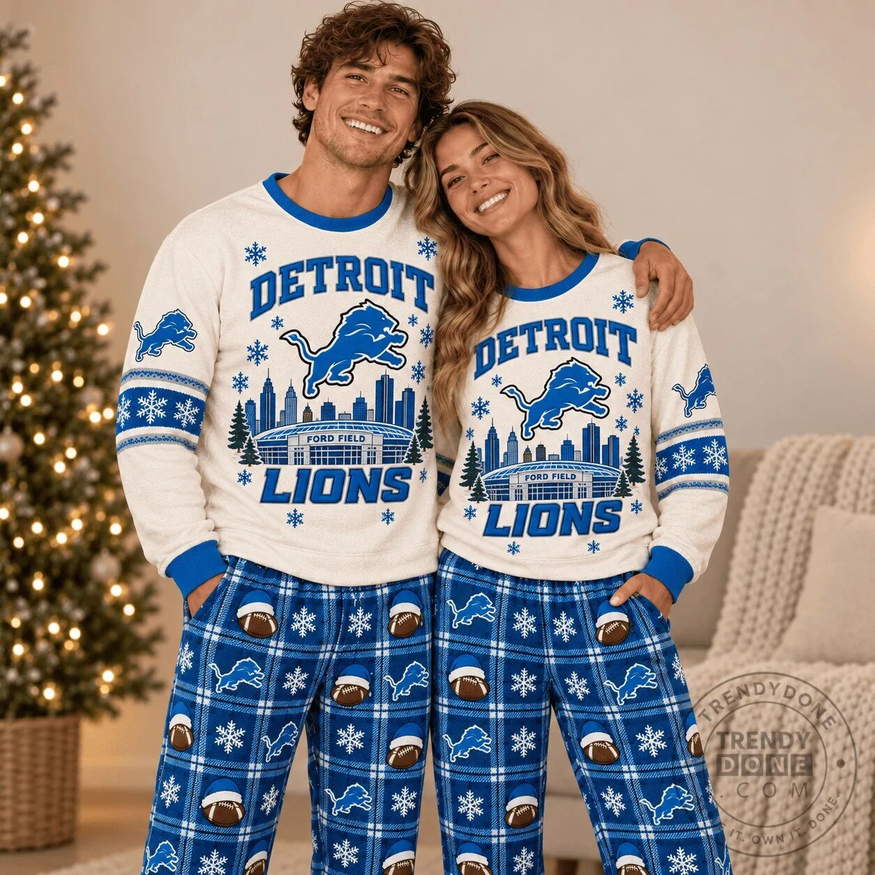 Detroit Lions Ford Field Christmas Ugly Sweater Matching Pajamas Set 2 Detroit Lions Ford Field Christmas Ugly Sweater Matching Pajamas Set