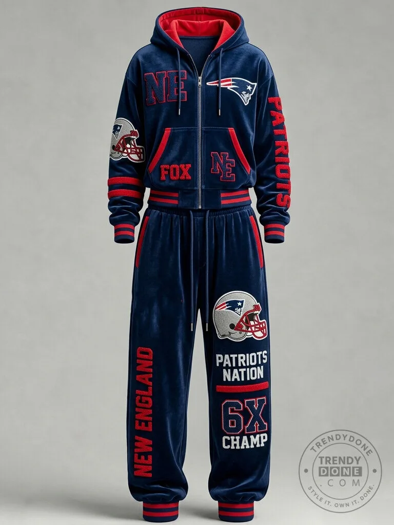 New England Patriots Velvet Hooded Tracksuit Set with Embroidered Logos