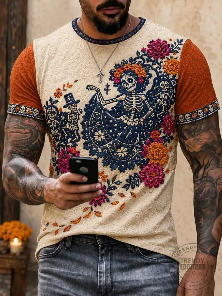 Day of the Dead Sugar Skulls Floral Embroidered Cream Orange Men's T-Shirt 2 Day of the Dead Sugar Skulls Floral Embroidered Cream Orange Men's T-Shirt