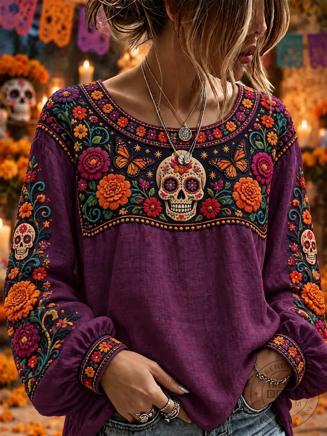 Day of the Dead Sugar Skull Embroidered Floral Long Sleeve T-Shirt