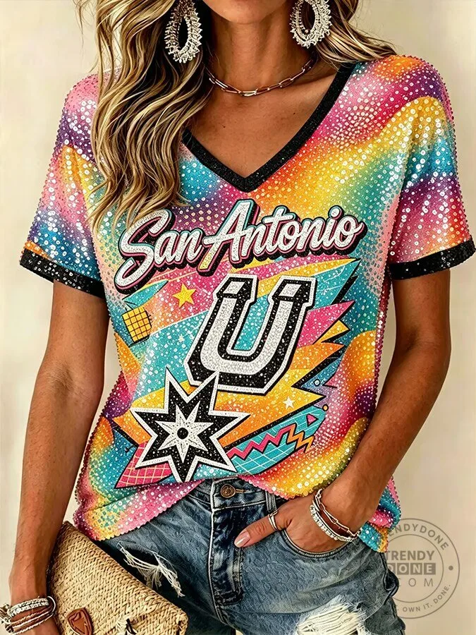 San Antonio Spurs Basketball Rainbow Sequin V-Neck T-Shirt