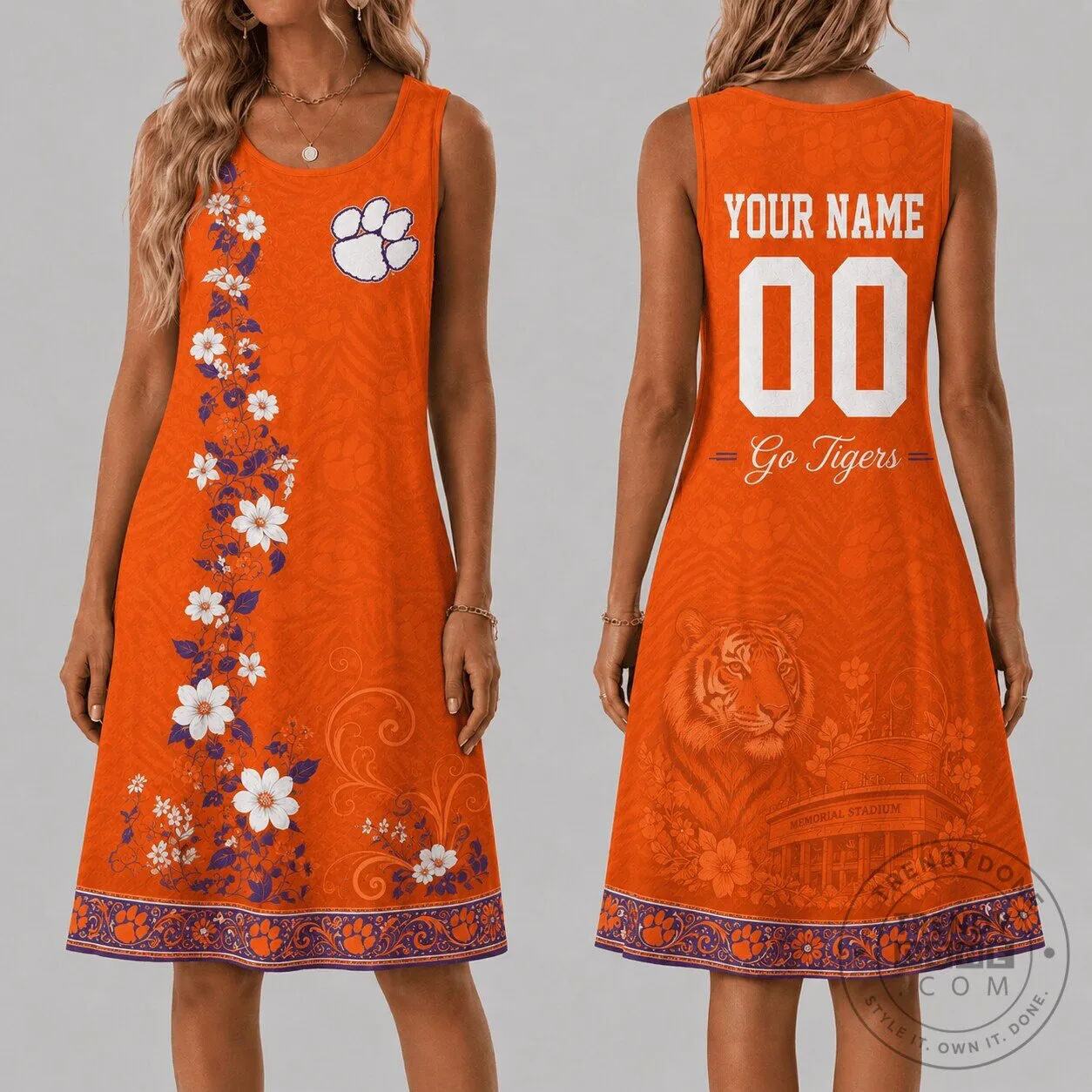 clemson jersey dress Tigers Personalized Floral Orange Sleeveless Summer xxcl_01.30.26