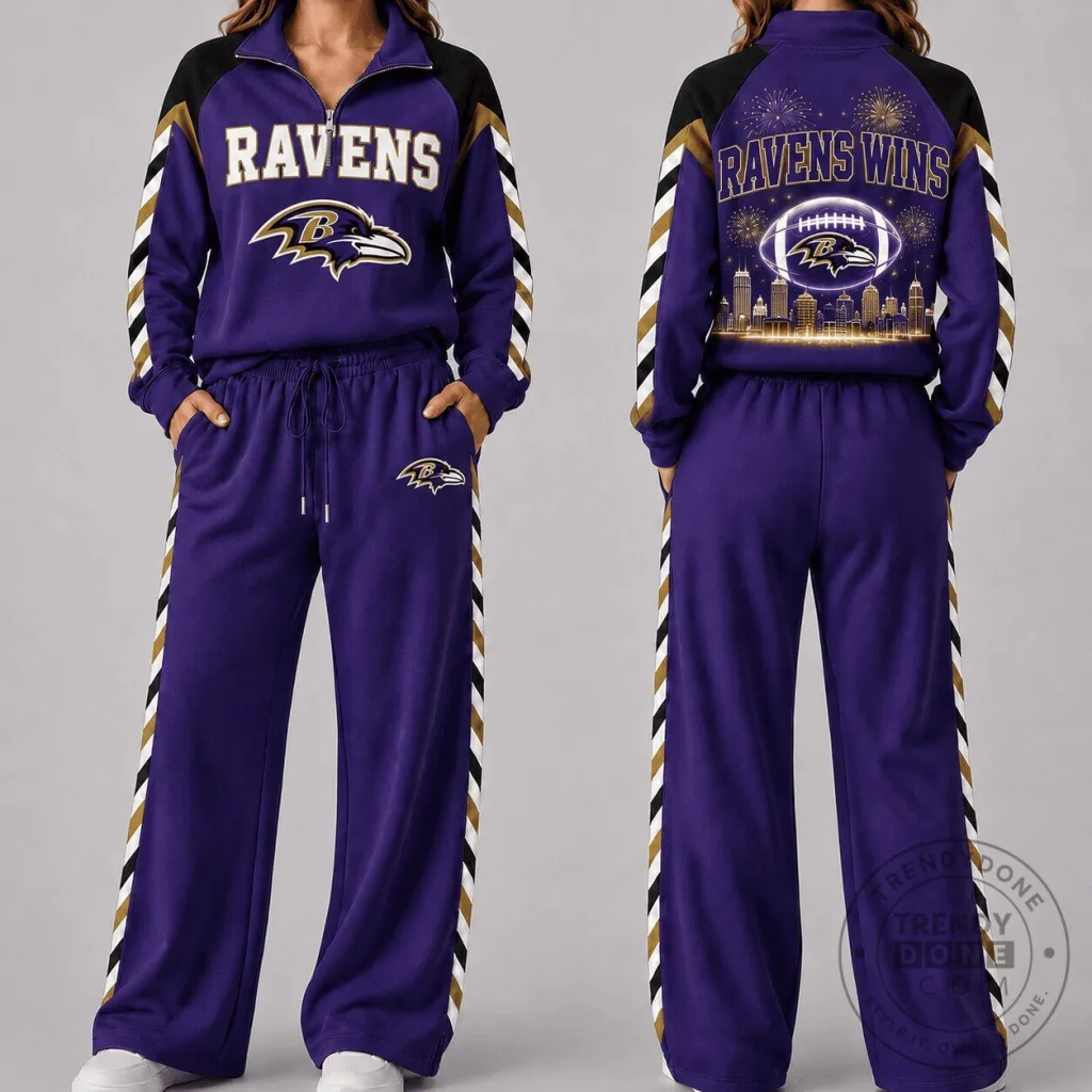 Baltimore Ravens Football Team Quarter-Zip Pullover and Wide-Leg Pants Set Baltimore Ravens Football Team Quarter-Zip Pullover and Wide-Leg Pants Set