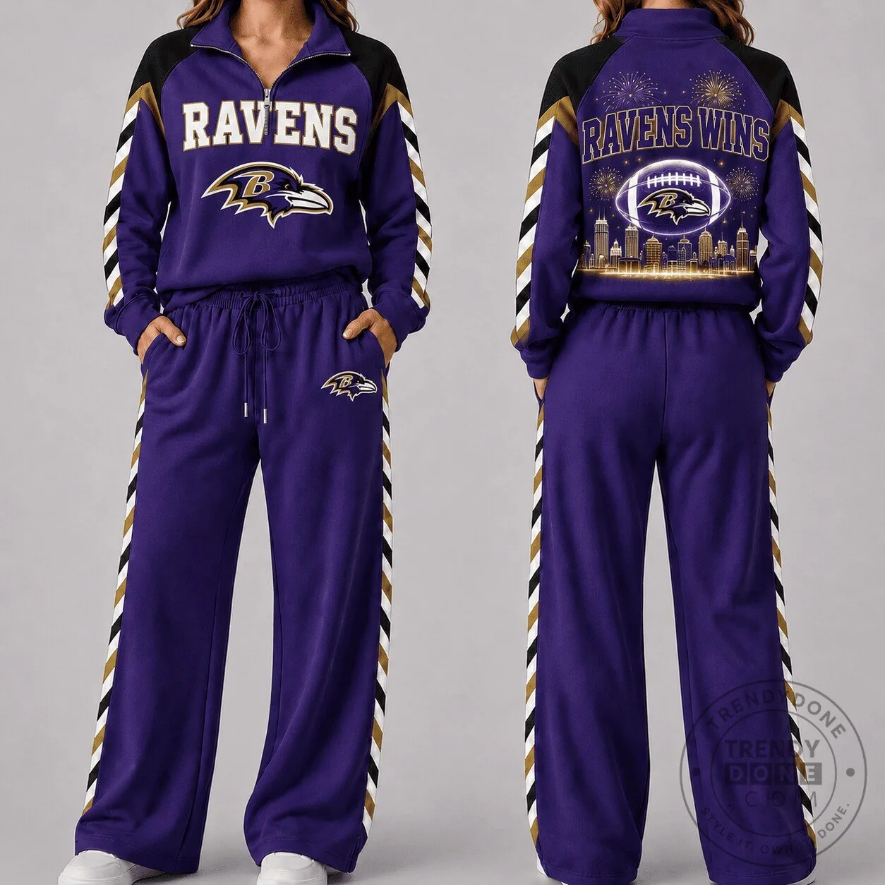 Baltimore Ravens Football Team Quarter-Zip Pullover and Wide-Leg Pants Set