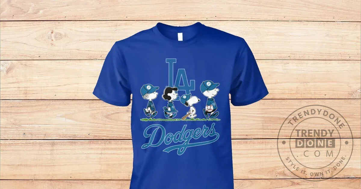 Here We Go Los Angeles Dodgers Snoopy and Peanuts Gang Royal Blue T-Shirt