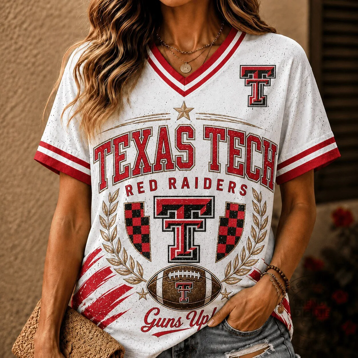 Texas Tech Red Raiders Football V-Neck T-Shirt for Women, Guns Up Legacy Design