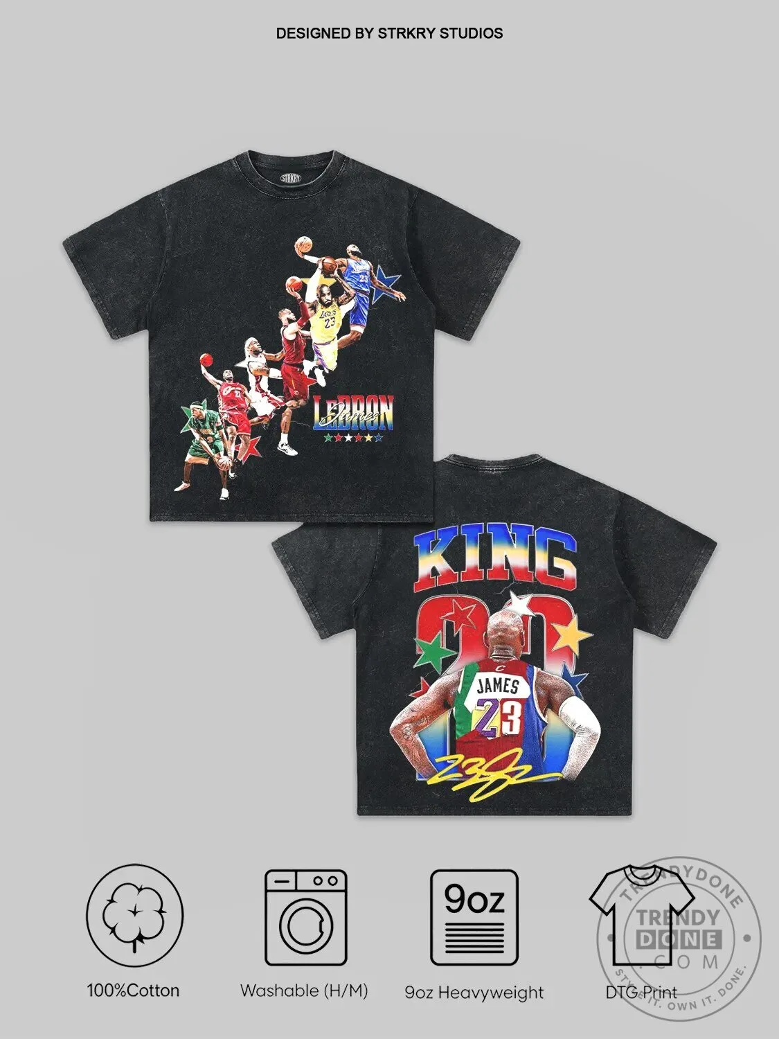 LeBron James King James 23 Basketball Legend Graphic Black Washed T-Shirt