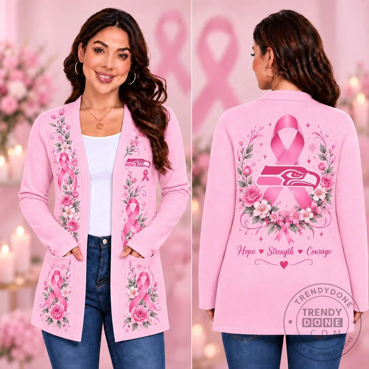 Seattle Seahawks Breast Cancer Awareness Floral Pink Cardigan Sweater for Women