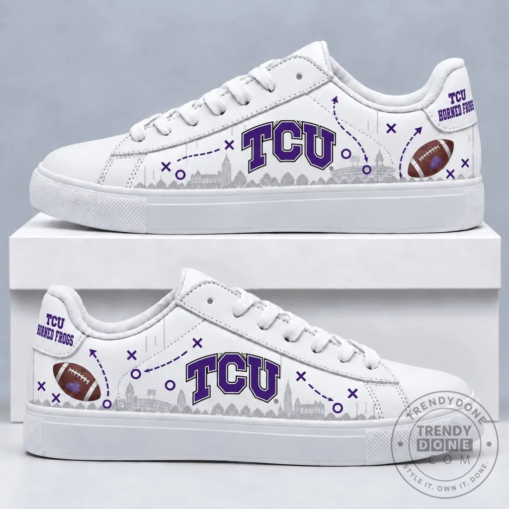Texas Christian University Horned Frogs NCAA White Low Top Sneakers Texas Christian University Horned Frogs NCAA White Low Top Sneakers