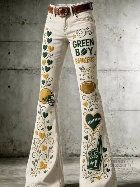 Green Bay Packers Football Team Bell Bottom Jeans for Women