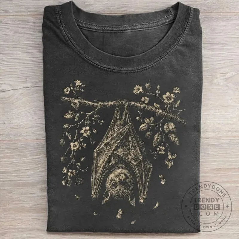 Vintage Bat Hanging From Branch With Flowers Graphic T-Shirt 1 Vintage Bat Hanging From Branch With Flowers Graphic T-Shirt