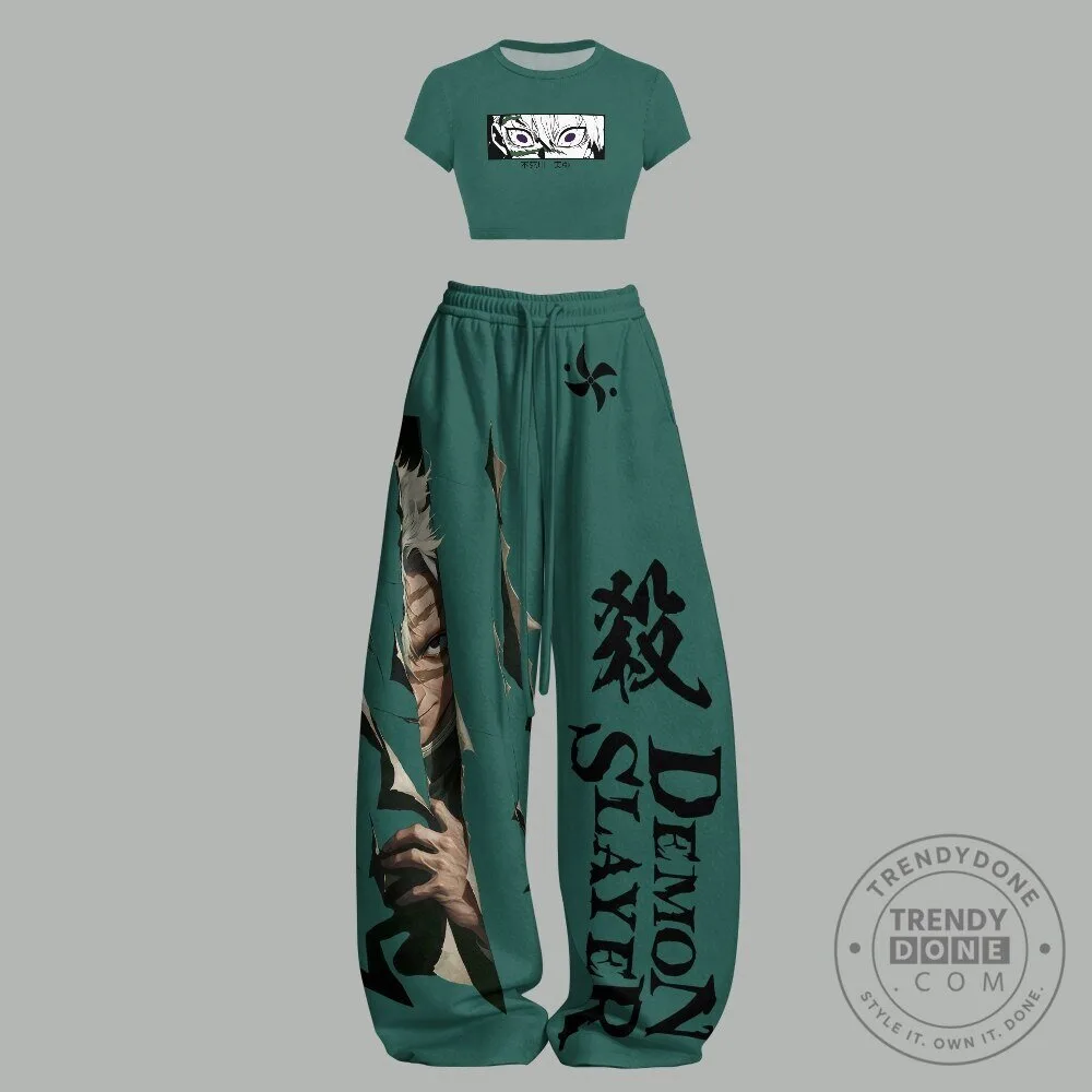 Demon Slayer Anime Graphic Crop Top and Wide Leg Sweatpants Set