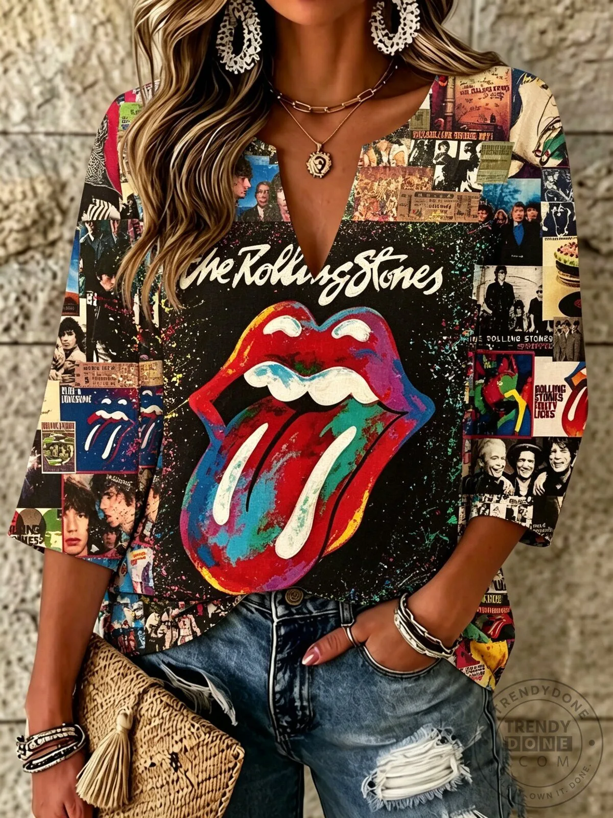 The Rolling Stones Album Cover Collage Women's V-Neck Blouse Top
