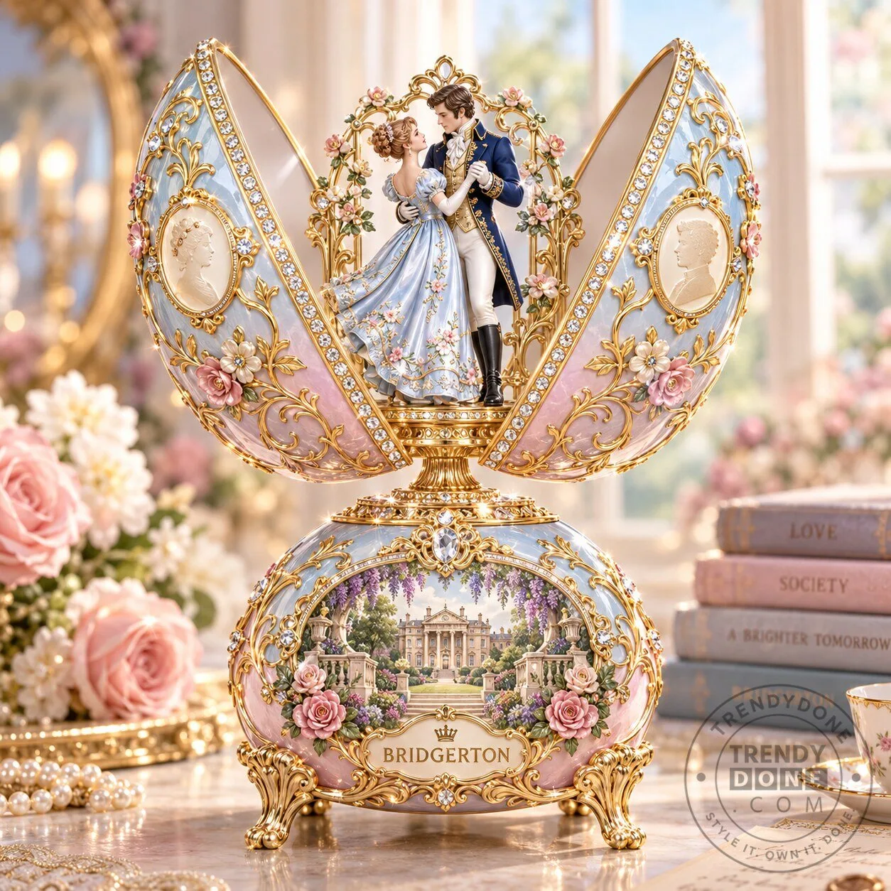 Bridgerton The Duke and Duchess Dancing Musical Faberge-Style Egg Figurine