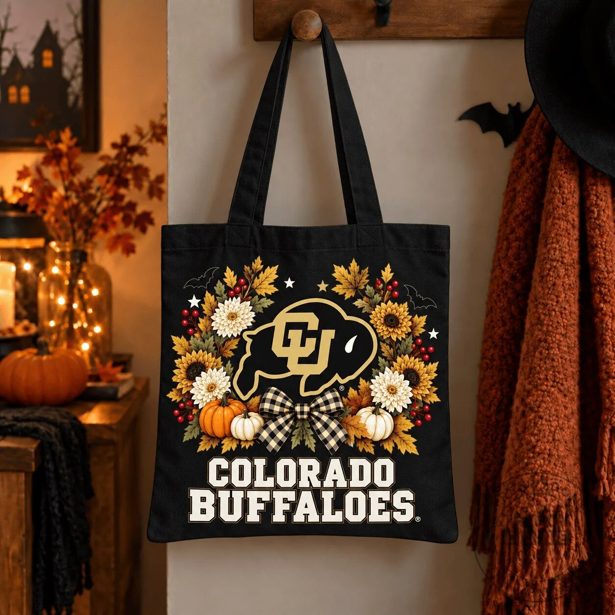 Colorado Buffaloes Autumn Floral Halloween Black Tote Bag