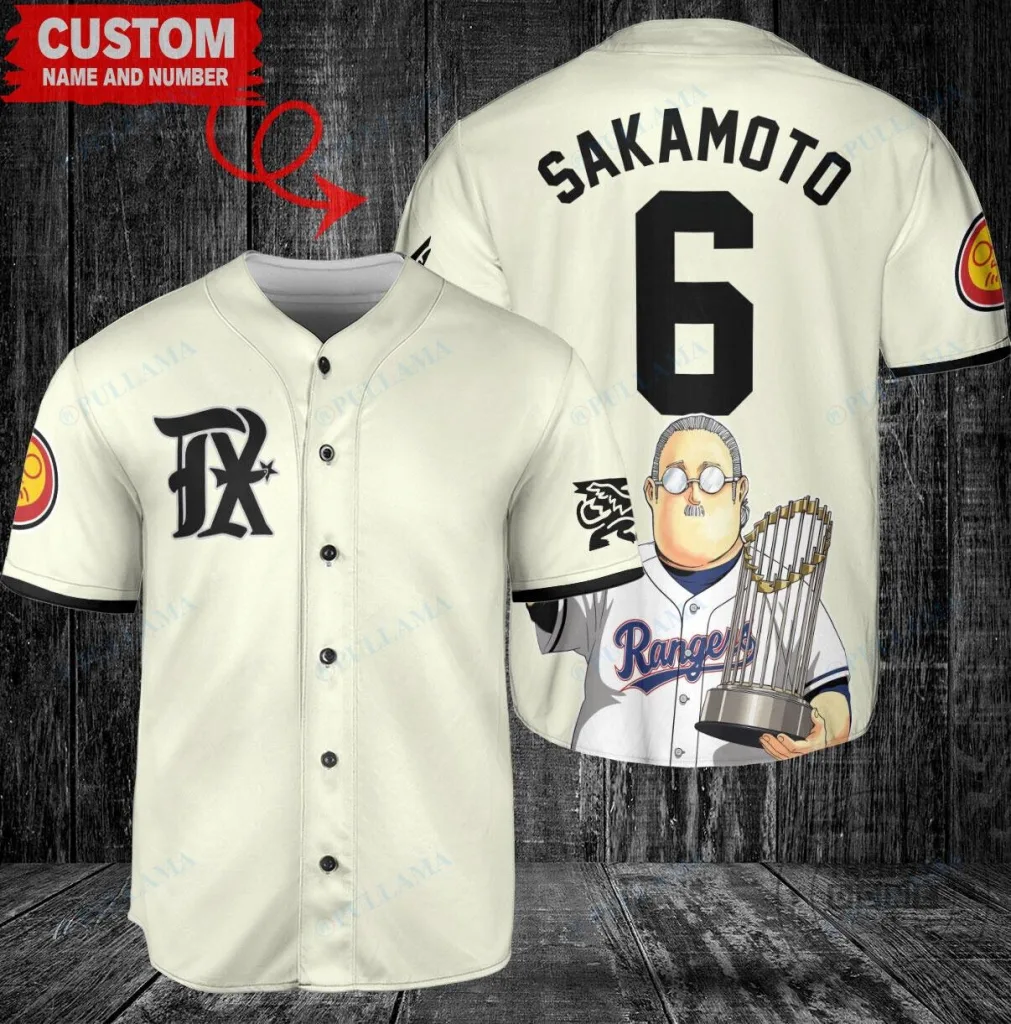 Texas Rangers Baseball Sakamoto Days World Series Trophy Custom Baseball Jersey 27 Texas Rangers Baseball Sakamoto Days World Series Trophy Custom Baseball Jersey