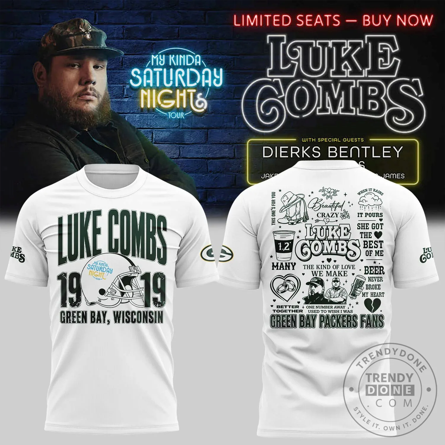 Lambeau Field T-Shirt for Luke Combs My Kinda Saturday Night Tour in Green Bay, Wisconsin 2 Lambeau Field T-Shirt for Luke Combs My Kinda Saturday Night Tour in Green Bay, Wisconsin