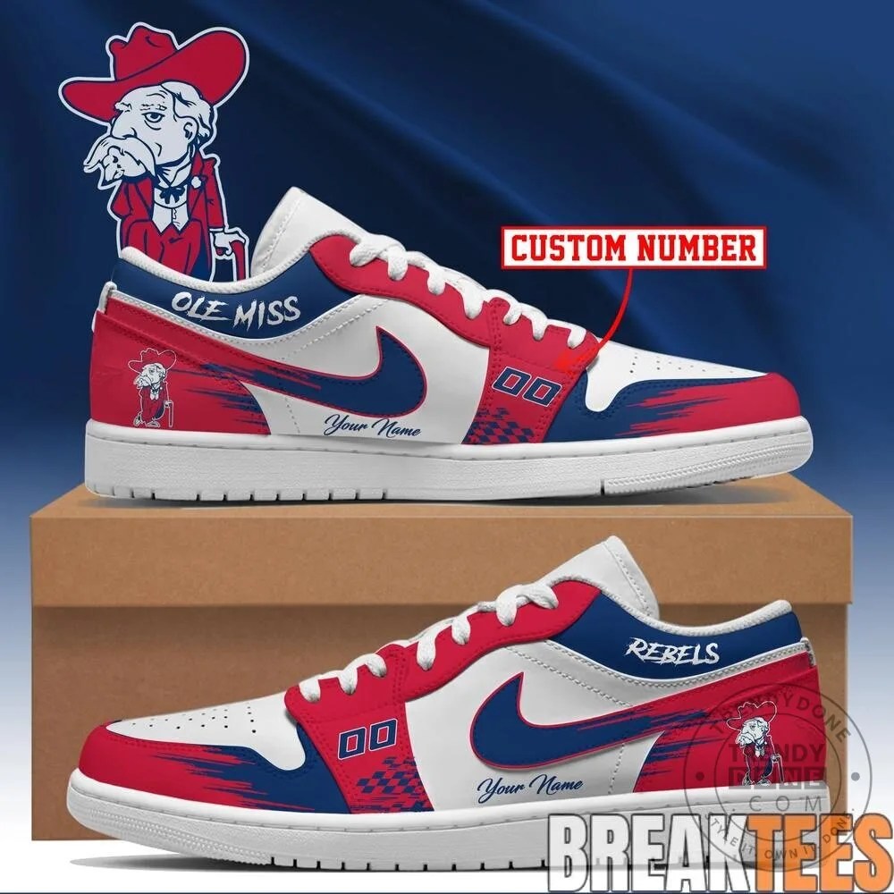 Ole Miss Rebels Custom Name and Number White Red Blue Design Shoes