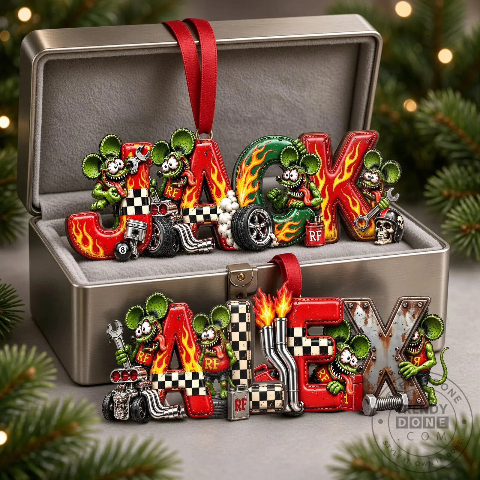 Personalized Rat Fink Hot Rod Christmas Ornament, Custom Name Vintage Car Enthusiast Gift