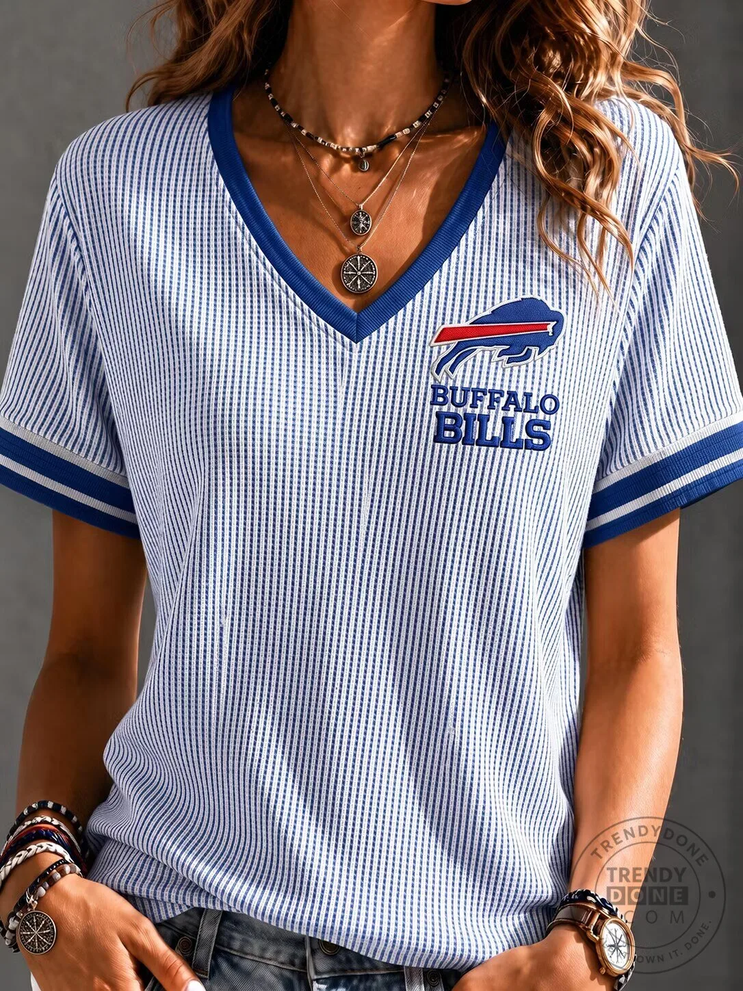 Buffalo Bills Football Team Blue Striped V-Neck Short Sleeve T-Shirt