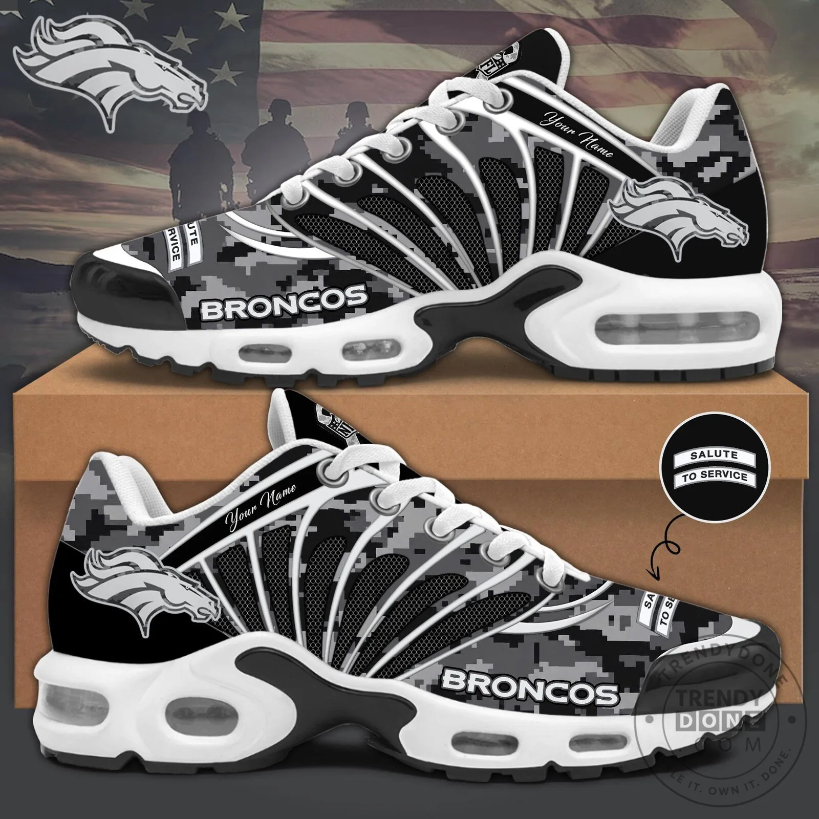 Denver Broncos Salute To Service Custom Name Digital Camouflage Running Shoes