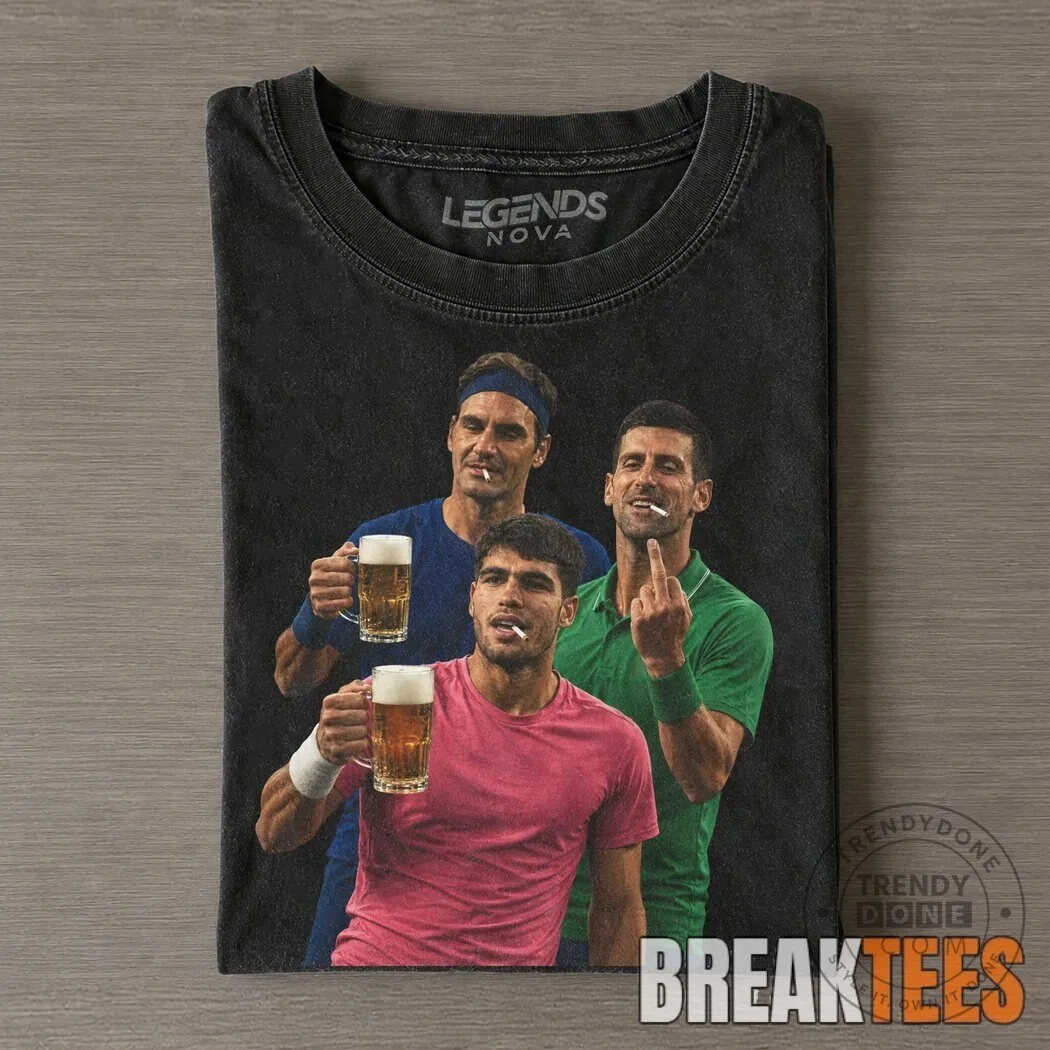 Vintage T-Shirt Featuring Tennis Legends: Carlos Alcaraz, Roger Federer, and Novak Djokovic