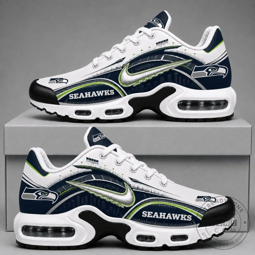 Seattle Seahawks NFL Team Logo White and Blue Air Cushion Sports Shoes Seattle Seahawks NFL Team Logo White and Blue Air Cushion Sports Shoes