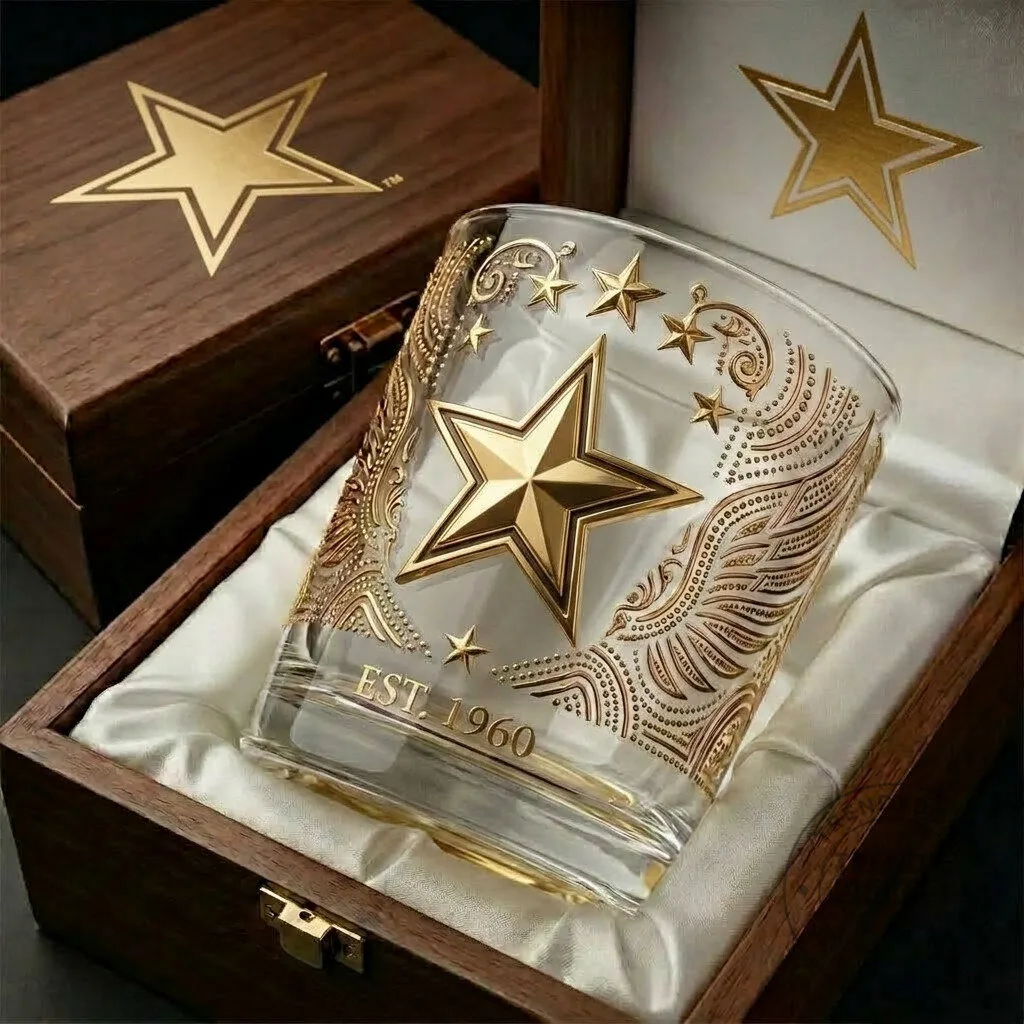 Dallas Cowboys Gold Star Whiskey Glass, Established 1960 NFL Football Drinking Glass 1 Dallas Cowboys Gold Star Whiskey Glass, Established 1960 NFL Football Drinking Glass