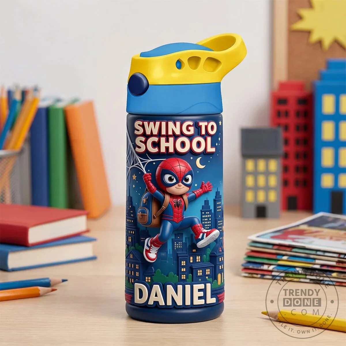 Spider-Man Swing To School Personalized Kids Water Bottle