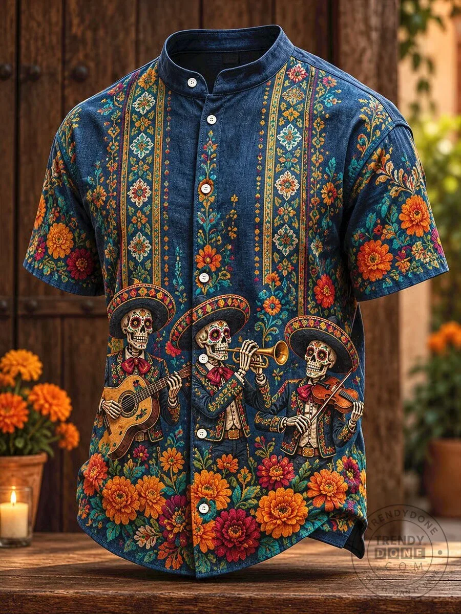 Day Of The Dead Mariachi Skeletons Floral Pattern Hawaiian Shirt
