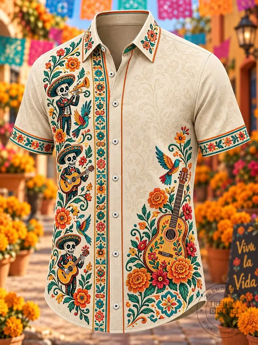 Men's Hawaiian Shirt with Floral Sugar Skull Guitar for Day of the Dead