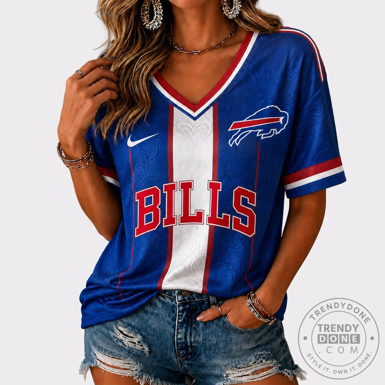 Buffalo Bills NFL Football Team Blue and Red V-Neck Game Day T-Shirt