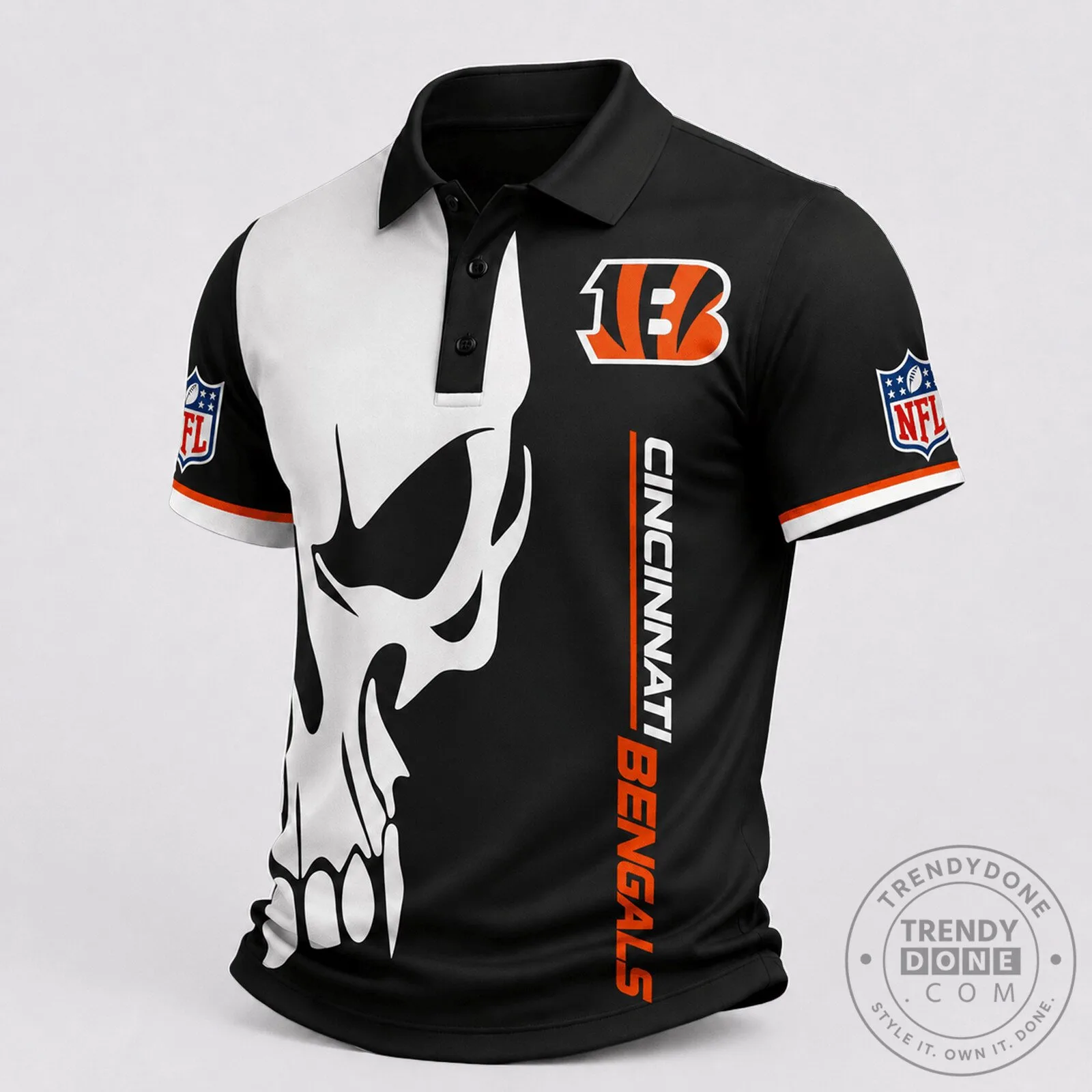 Cincinnati Bengals Skull Design Black and White NFL Fan Polo Shirt