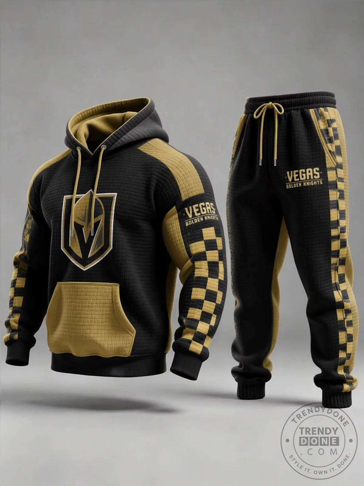 Vegas Golden Knights Black and Gold Checkerboard Performance Hoodie and Jogger Set 1 Vegas Golden Knights Black and Gold Checkerboard Performance Hoodie and Jogger Set