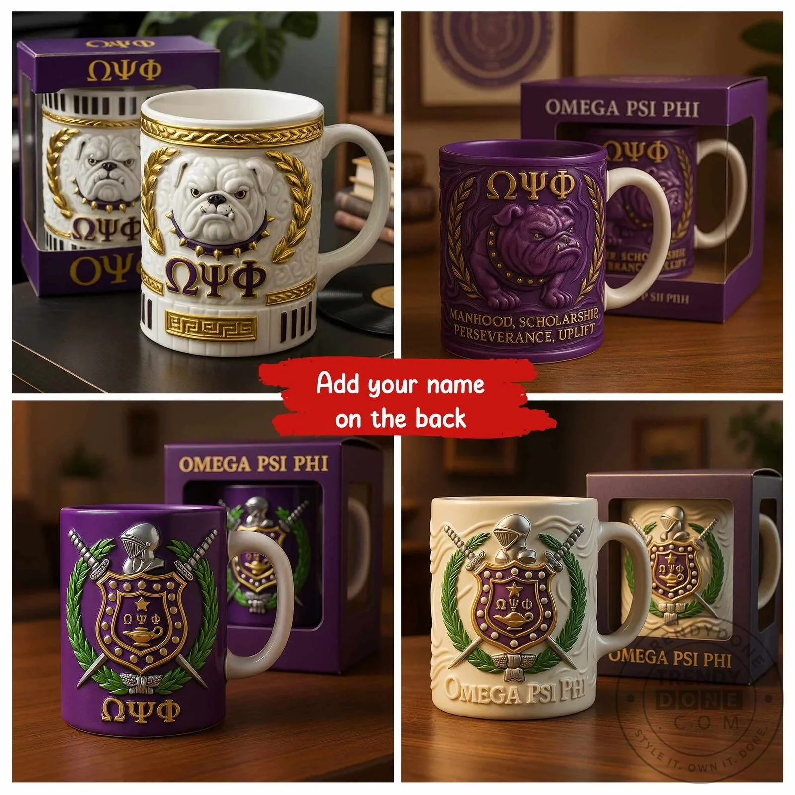 Omega Psi Phi Fraternity Bulldog Crest Purple Gold White Mug