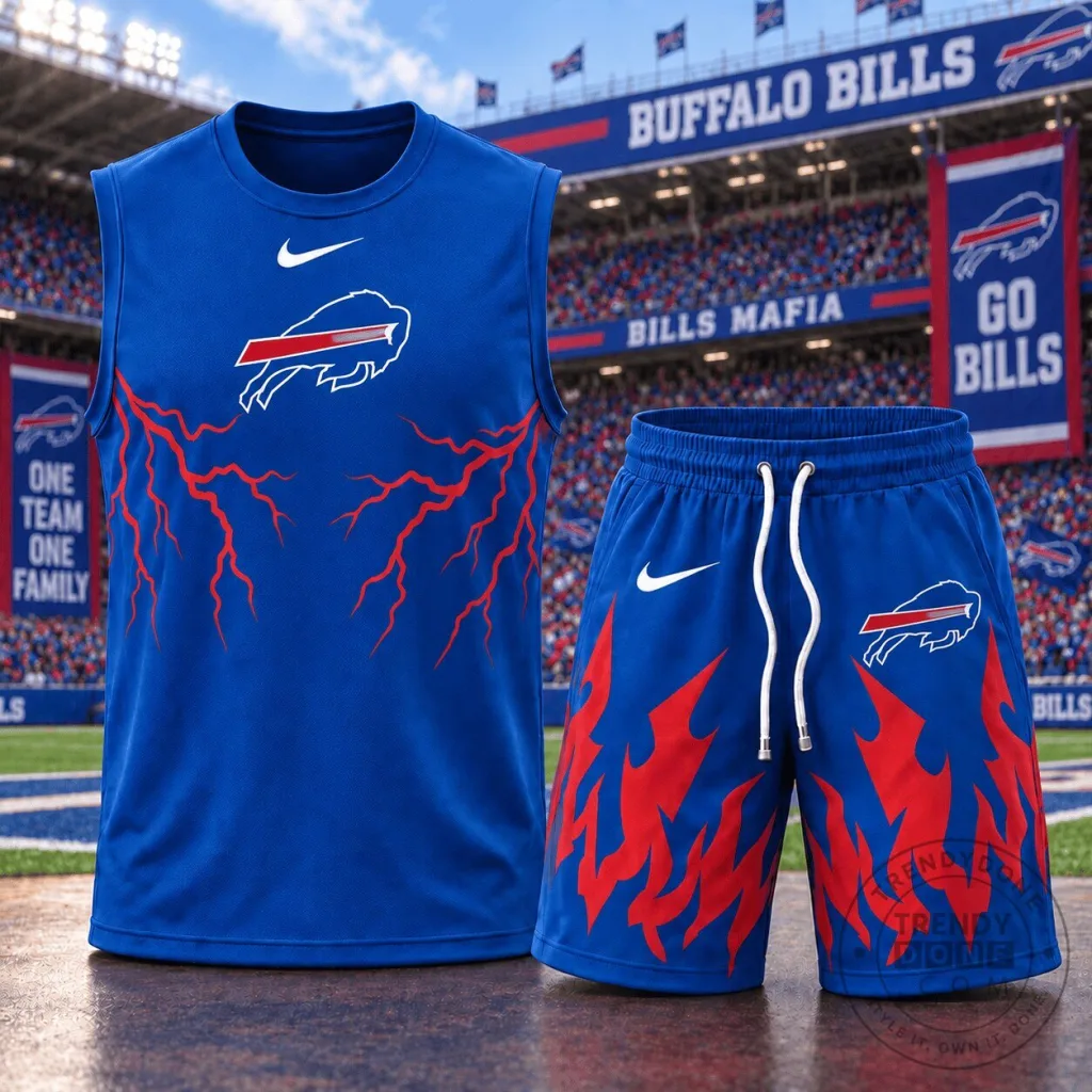 Buffalo Bills Shirt and Shorts Set with Lightning and Flame Graphics