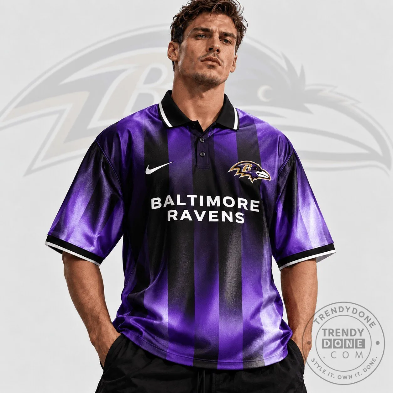 Baltimore Ravens Premium NFL Team Crest Vertical Stripe Retro Performance Polo Shirt
