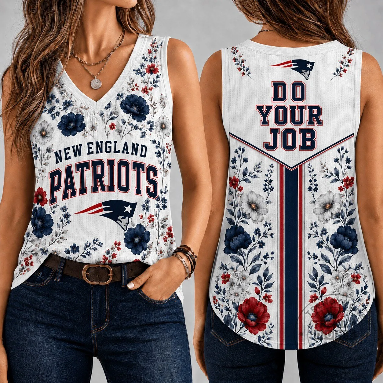 Women's V-Neck Tank Top with Vintage Floral Design for New England Patriots Game Day
