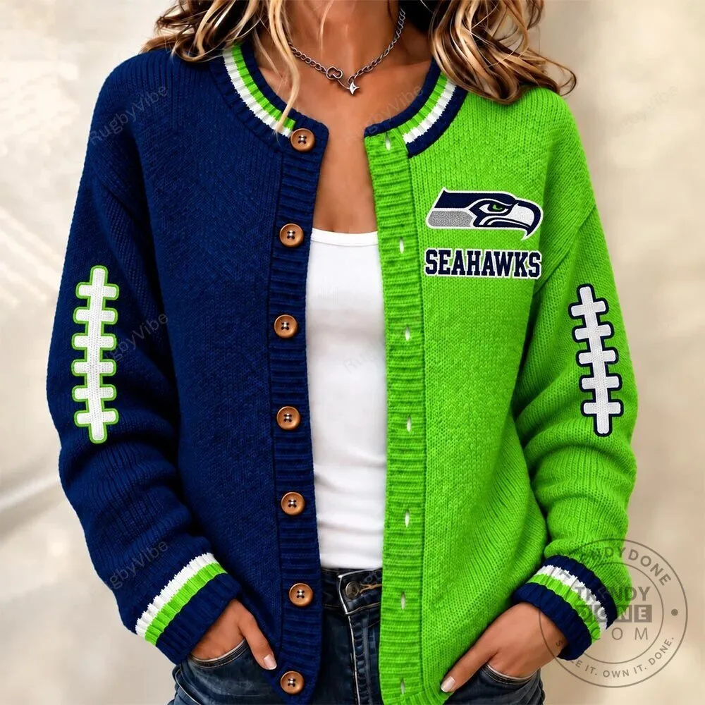Seattle Seahawks Football Team Logo Split Color Cardigan Sweater