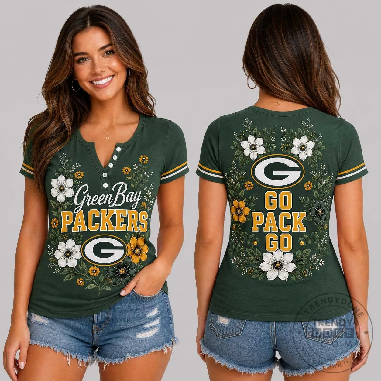 Green Bay Packers Team Green Shirt Floral Women's V-Neck Button T-Shirt