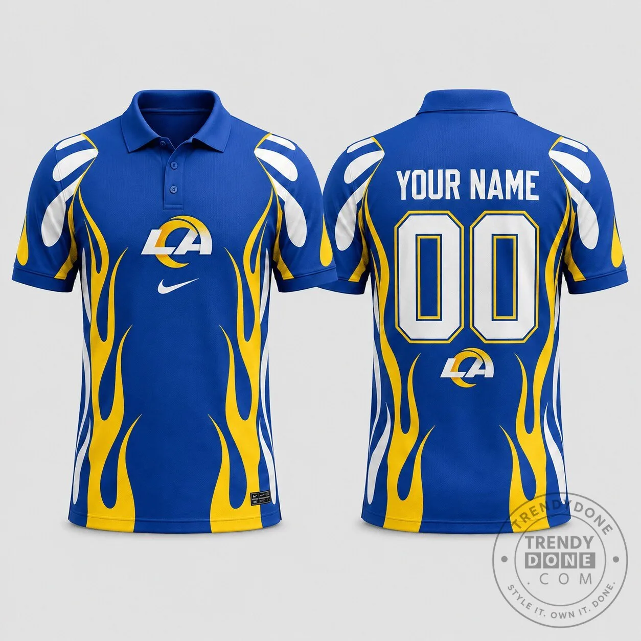 Los Angeles Rams Custom Name Number Blue Flame Design Performance Polo Shirt