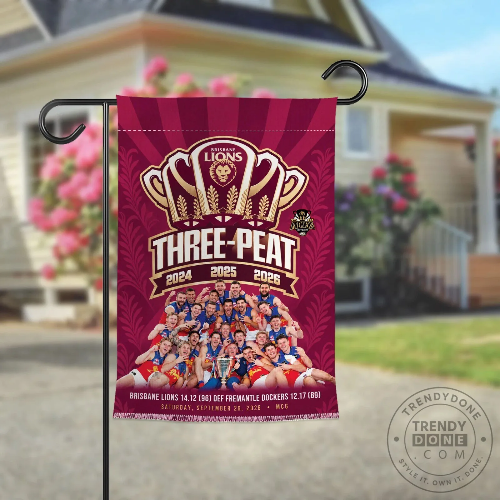 Brisbane Lions Australian Football League Premiers Three-Peat 2024-2026 Garden Flag