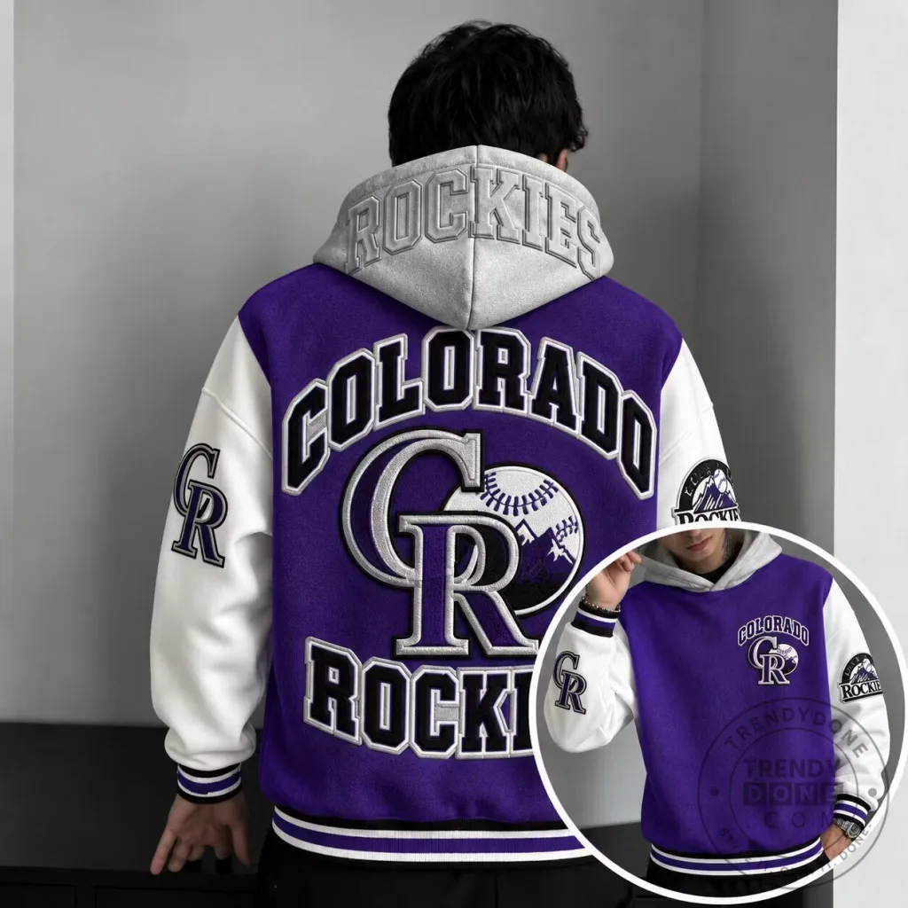 Colorado Rockies Baseball Team Purple and White Varsity Hoodie Jacket Colorado Rockies Baseball Team Purple and White Varsity Hoodie Jacket