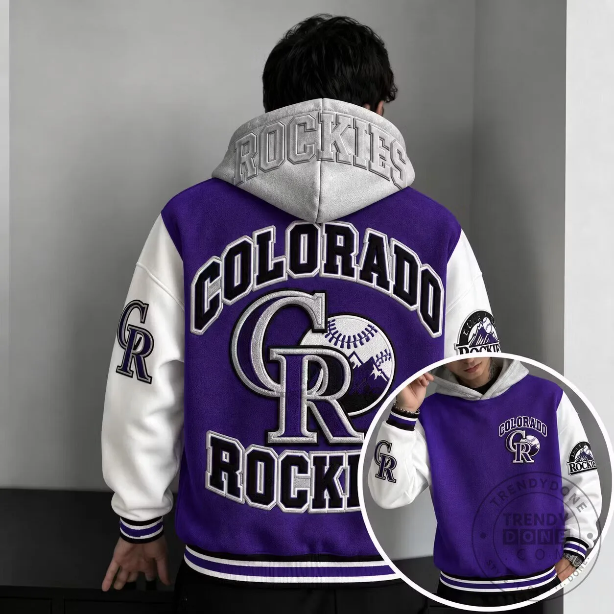 Colorado Rockies Baseball Team Purple and White Varsity Hoodie Jacket