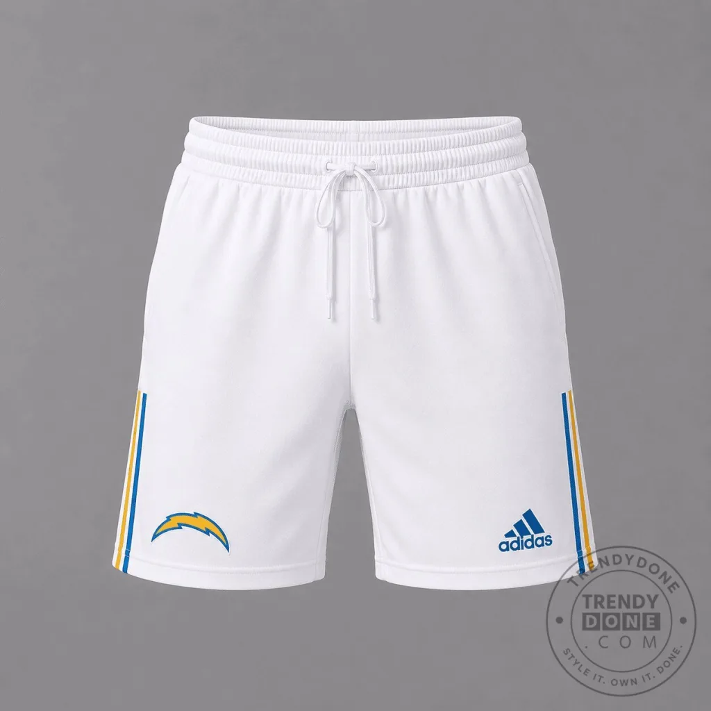 Los Angeles Chargers Adidas White Athletic Shorts with Blue and Yellow Stripes Los Angeles Chargers Adidas White Athletic Shorts with Blue and Yellow Stripes
