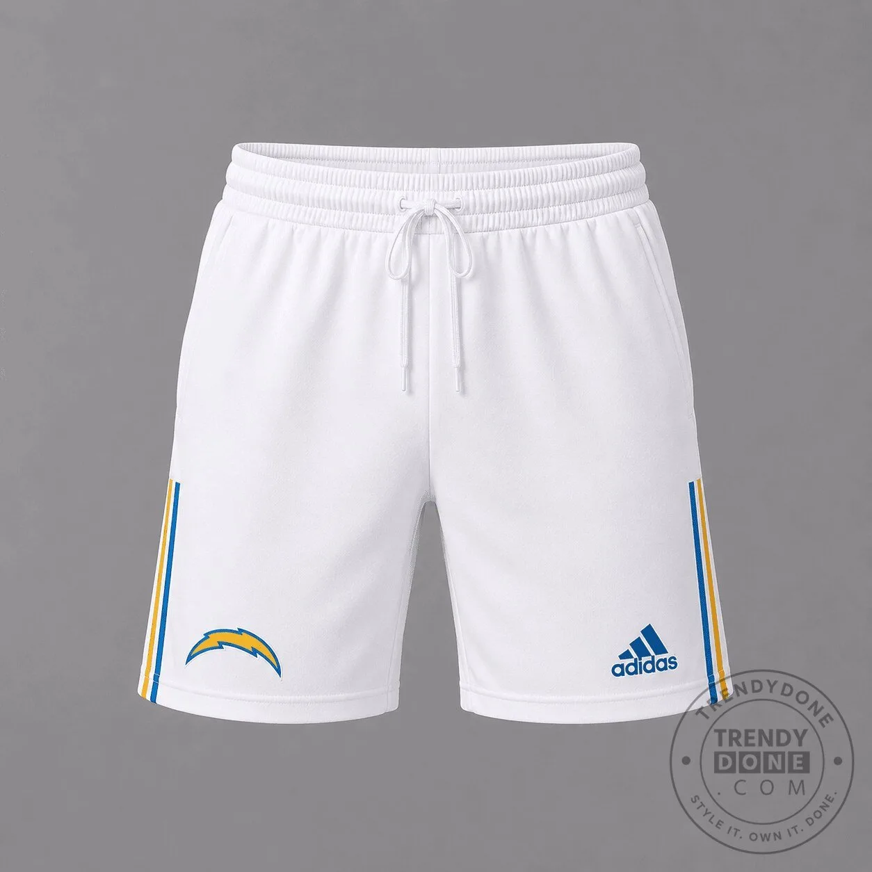 Los Angeles Chargers Adidas White Athletic Shorts with Blue and Yellow Stripes