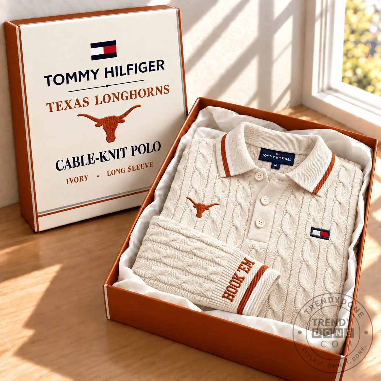 Tommy Hilfiger Texas Longhorns Cable-Knit Ivory Long Sleeve Polo Shirt